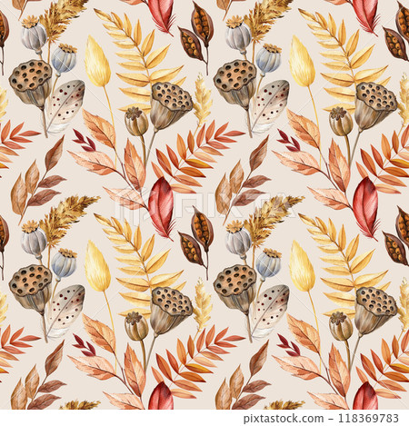 Charm autumn seamless fall pattern featuring watercolor pumpkins and vibrant leaves. Autumn harvest design, floral decor 118369783