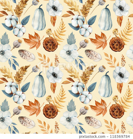 Autumn pattern Watercolor painting dry Leaves, flowers, floral Elements, pumpkin. Seasonal accents elegant fall designs 118369784