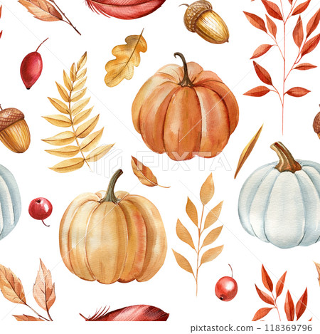 Autumn pattern Watercolor painting dry Leaves, flowers, floral Elements, pumpkin. Seasonal accents elegant fall designs Autumn pattern Watercolor painting dry Leaves, flowers, floral Elements, pumpkin. Seasonal accents elegant fall designs 118369796