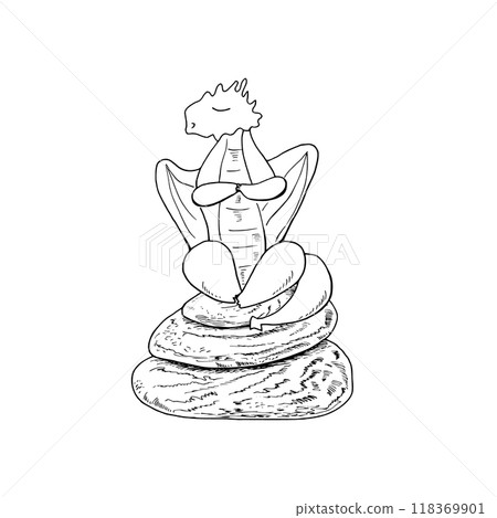 Monochrome dragon sitting on stone pyramid vector isolated illustration painted by black inks. Animal practicing meditation in nature etching drawing black inks. For spa center, coloring book, tattoo. 118369901