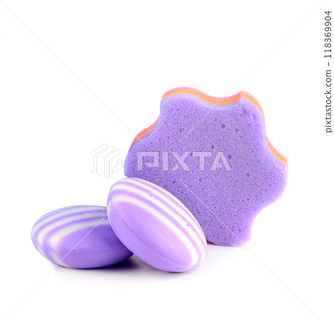 Lavender soap and bath sponge isolated on white. Free space for text. 118369904