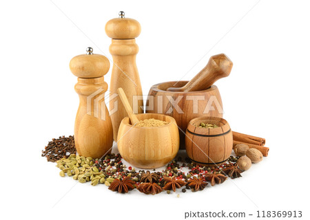 Pepper grinder mill, mortar, pestle and spice setisolated on white. 118369913