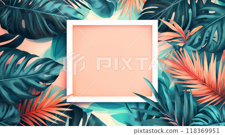 Vibrant tropical-themed background featuring lush monstera and palm leaves in various shades of teal and coral. Central empty square frame of soft peach backdrop. For invitations, posters, branding 118369951
