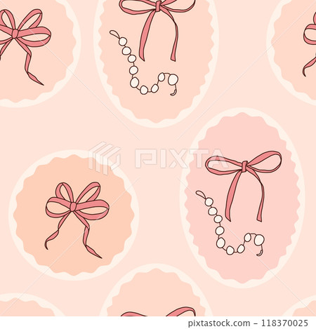 Bow and pearl necklace seamless pattern. Pink holiday band circular emblem repeat background. Bowknots retro oval and round surface design. Vector hand drawn illustration. Bow and pearl necklace seamless pattern. Pink holiday band circular emblem repeat background. Bowknots retro oval and round surface design. Vector hand drawn illustration. 118370025