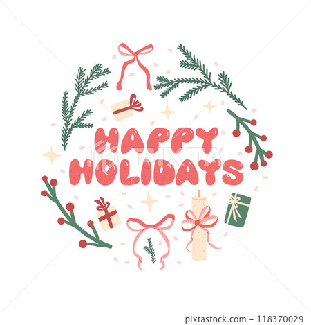 Happy Holidays emblem decoration collection. Christmas gifts, bows and festive candles. Vector hand drawn set illustration isolated on white background. 118370029