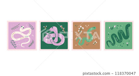 Set of stamps with snakes. Reptile animal stickers. Vector hand drawn collection Set of stamps with snakes. Reptile animal stickers. Vector hand drawn collection 118370047