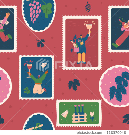 Wine lovers seamless pattern. Geometric emblem repeat background. Party retro post stamps endless design. Vector hand drawn illustration. 118370048