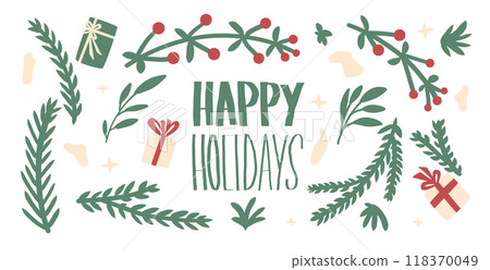 Happy Holidays evergreen tree branch decoration collection. Christmas simple festive presents, berry baubles. Vector hand drawn set illustration isolated on white background. 118370049