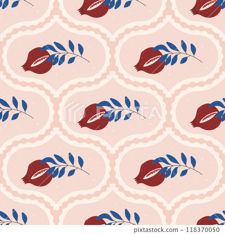 Pomegranate damask seamless pattern. Cracked fruits and leaves classic repeat background. retro traditional endless design. Vector hand drawn illustration. 118370050