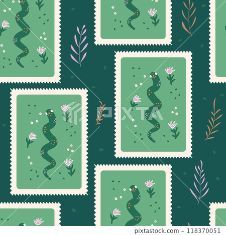 Snakes stamps seamless pattern. Reptiles repeat on dark background. Animal vector hand drawn flat surface pattern design. Snakes stamps seamless pattern. Reptiles repeat on dark background. Animal vector hand drawn flat surface pattern design. 118370051