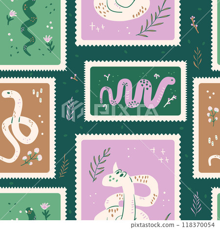 Seamless pattern with various snake-themed postage stamps on a dark green background, decorated with floral elements. Reptile animal surface pattern design. Vector hand drawn flat illustration. 118370054