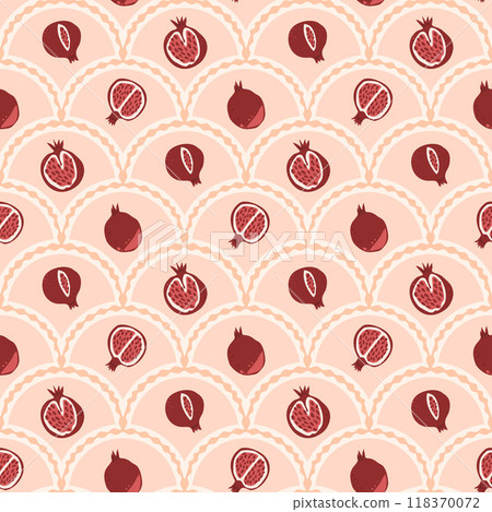 Various pomegranates scallop seamless pattern. Fruit arch repeat background. Vector hand drawn flat illustration. Various pomegranates scallop seamless pattern. Fruit arch repeat background. Vector hand drawn flat illustration. 118370072