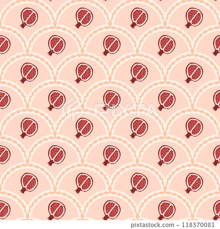 Pomegranates scallop seamless pattern. Fruit arch repeat background. Vegetarian food classic surface endless design. Vector hand drawn flat illustration. 118370081