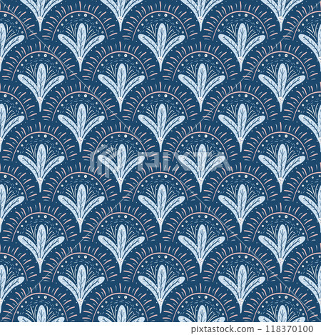 Floral abstract scallop seamless pattern. Boho style arch decoration endless background. Folk repeat cover. Blue continuous ornament. Vector hand drawn illustration. Floral abstract scallop seamless pattern. Boho style arch decoration endless background. Folk repeat cover. Blue continuous ornament. Vector hand drawn illustration. 118370100