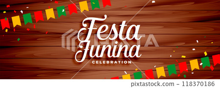 festa junina celebration banner with wooden background 118370186