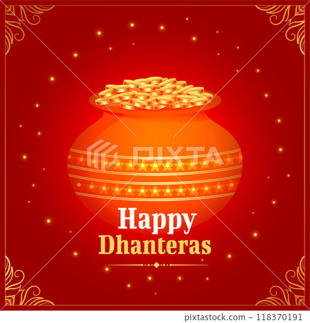 indian festival happy dhanteras background with golden coin in pot 118370191