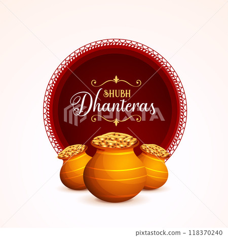 nice shubh dhanteras greeting poster with golden coin pot design 118370240