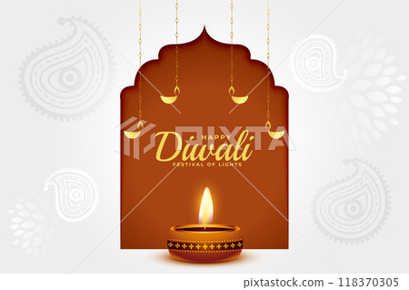 minimal happy diwali template with glowing diya in paisley design 118370305