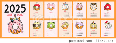 Cute sweet donut calendar 2025. Funny cartoon kawaii character mascot delicious pastries. Vertical printable planner organizer. Cover and 12 month pages English. Week from Sunday. Vector illustration. Cute sweet donut calendar 2025. Funny cartoon kawaii character mascot delicious pastries. Vertical printable planner organizer. Cover and 12 month pages English. Week from Sunday. Vector illustration. 118370723