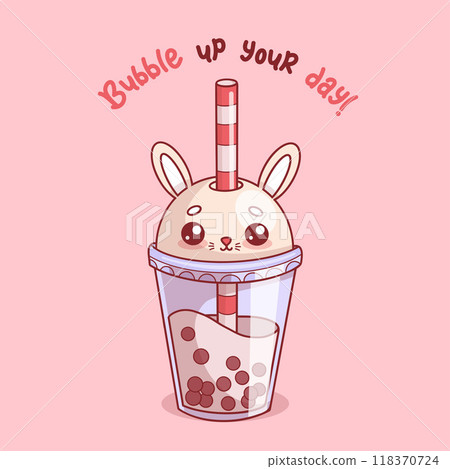 Cute glass coffee Bubble Tea Rabbit with straw. Funny cartoon kawaii character drink. Vector illustration. Kids collection Cute glass coffee Bubble Tea Rabbit with straw. Funny cartoon kawaii character drink. Vector illustration. Kids collection 118370724