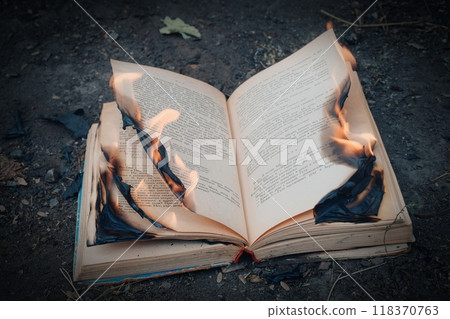 The photo shows a brightly burning book, its pages fluttering in the wind, and flames illuminate the surrounding space. The fire seems to manifest its power, enveloping the cover and spreading across The photo shows a brightly burning book, its pages fluttering in the wind, and flames illuminate the surrounding space. The fire seems to manifest its power, enveloping the cover and spreading across 118370763