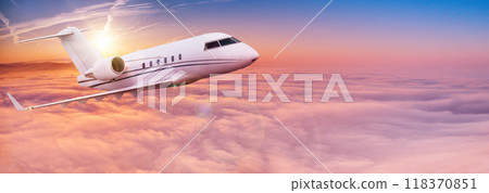 Passengers commercial airplane flying above clouds in sunset light. Concept of fast travel, holidays and business. Passengers commercial airplane flying above clouds in sunset light. Concept of fast travel, holidays and business. 118370851