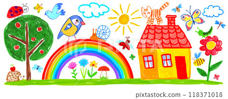 Child drawing of summer landscape with house Child drawing of summer landscape with house 118371018