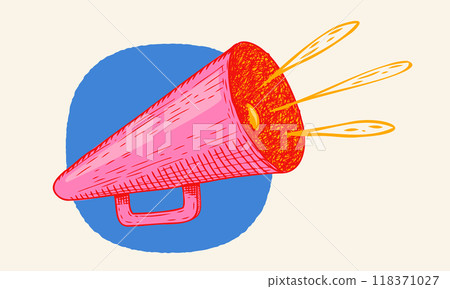 Vector icon of vintage megaphone for fake, breaking news or sale. Vector retro megaphone in doodle style on white background. Vector icon of vintage megaphone for fake, breaking news or sale. Vector retro megaphone in doodle style on white background. 118371027