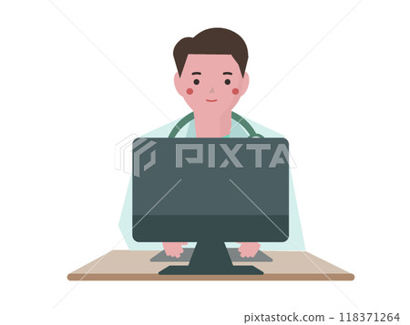 一位身穿白大褂的男醫生正在使用電腦。向量圖 一位身穿白大褂的男醫生正在使用電腦。向量圖 118371264