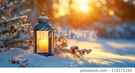Christmas Lantern On Snow With Fir Branch in the Sunlight. Winter Decoration Background 118371289