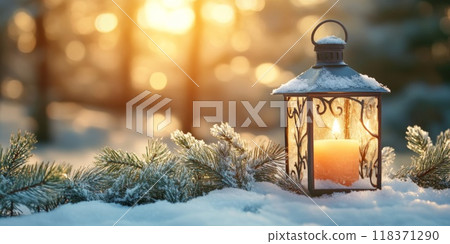 Christmas Lantern On Snow With Fir Branch in the Sunlight. Winter Decoration Background 118371290