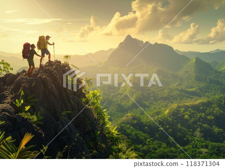 Hiker climb on mountain. Adventure and sport. Man help and assistance. Concept of togetherness freedom and teamwork. Silhouette of tourist, couple of friends 118371304