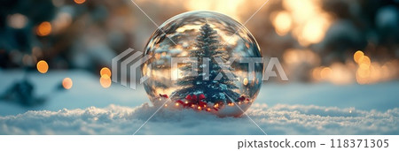 Christmas tree in glass ball on snow. Glitter lights 118371305