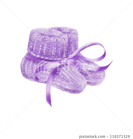 A pair of knitted socks in purple color hand knitted with needles and purple silk ribbon in a bow. Baby booties for newborn baby's feet. Hand drawn watercolor clip art on transparent background 118371329