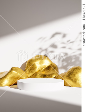 3D rendering of white circular podium near golden rocks in studio 118371421