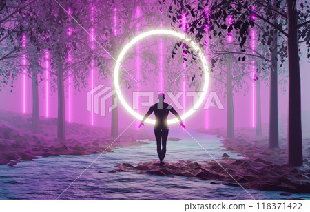 3D rendering of person with neon halo near river in forest. Sci fi scene 118371422