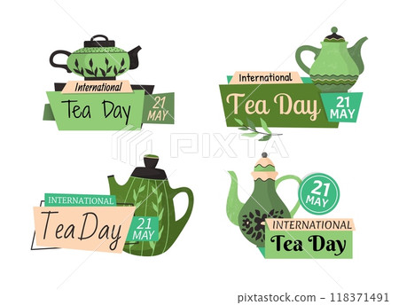International tea day. Card or poster design. Emblem or label. Kitchen pottery tableware. Postcard design, cozy porcelain for hot drinks, home kitchenware cartoon flat style isolated illustration set. International tea day. Card or poster design. Emblem or label. Kitchen pottery tableware. Postcard design, cozy porcelain for hot drinks, home kitchenware cartoon flat style isolated illustration set. 118371491