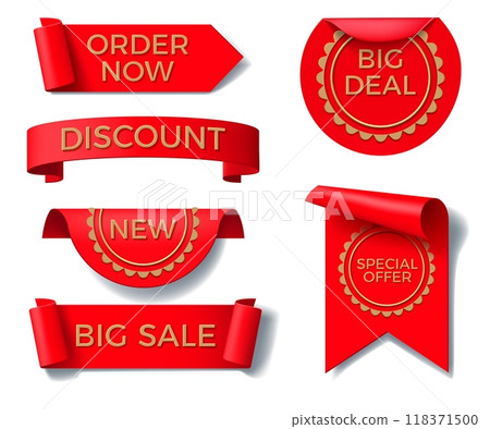 Banner with ribbon. 3d red label, tag sticker for text background. Circle, round and scroll sign paper. Sale discount special offer. New collection emblems. Isolated realistic vector design 118371500