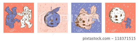Moon astronaut. Planet in space galaxy contemporary cards, spaceship in universe travel. Doodle spaceman journey in stars. Cute cosmos posters. Interstellar astronomy. Vector graphic set Moon astronaut. Planet in space galaxy contemporary cards, spaceship in universe travel. Doodle spaceman journey in stars. Cute cosmos posters. Interstellar astronomy. Vector graphic set 118371515