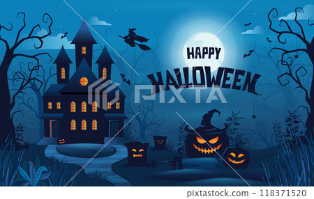 Halloween background. Horror house. Spooky haunted lanterns, scary moon on jack castle. Autumn pumpkin silhouette. Witch on broom. Poster or banner. Party invitation. Vector cartoon concept 118371520