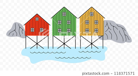 Norwegian fishing village on stilts, graphic design. Houses on stilts, rocks, sea and nature, vector design and illustration Norwegian fishing village on stilts, graphic design. Houses on stilts, rocks, sea and nature, vector design and illustration 118371571
