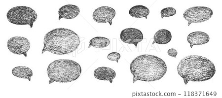 Oval and round chalk, crayon hand drawing speech bubble set. Vector stock grunge texture illustration isolated on white background for design template business presentation, school education. EPS 10 Oval and round chalk, crayon hand drawing speech bubble set. Vector stock grunge texture illustration isolated on white background for design template business presentation, school education. EPS 10 118371649