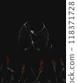 Vampire with sword, dark horror illustration, Vampire with red sword, people with torches, black metal album cover	 118371728