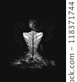 Girl with tree tattoo on her back, Dark horror illustration, black metal collection, black and white illustration	 118371744