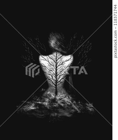 Girl with tree tattoo on her back, Dark horror illustration, black metal collection, black and white illustration Girl with tree tattoo on her back, Dark horror illustration, black metal collection, black and white illustration 118371744