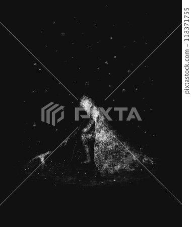 Man in a hood saves birds from the cold, book illustration, Dark fantasy illustration, kind stranger, fairytale, black and white artwork	 118371755