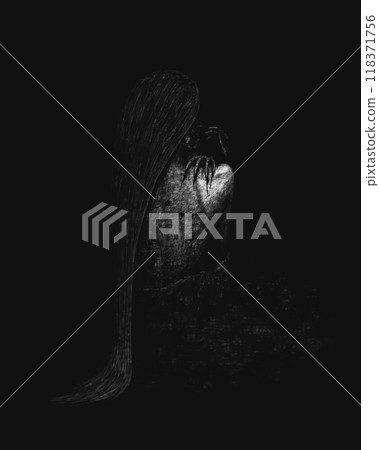Girl in the dark, scary silhouettes of face and hand, Girl with long beautiful hair, theme book character, hand on shoulder	 118371756