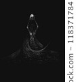 Witch with skull, dark horror illustration, Girl with long beautiful hair holds skull above head, theme book character	 118371784