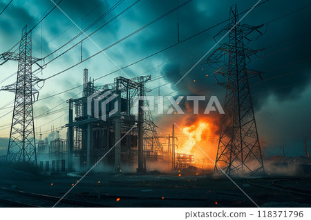 Result of terrorist attack was explosion of an electric power substation, which started fire, destroying everything Generative AI 118371796