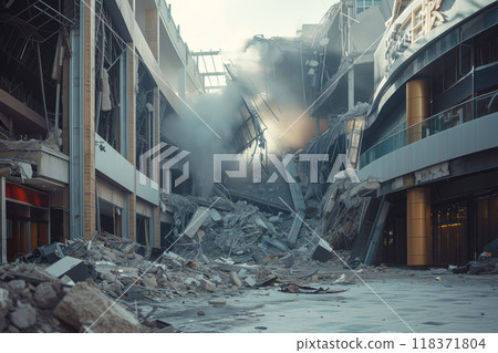 In aftermath of terrorist attacks, shopping mall was crushed and damaged AI Generative 118371804